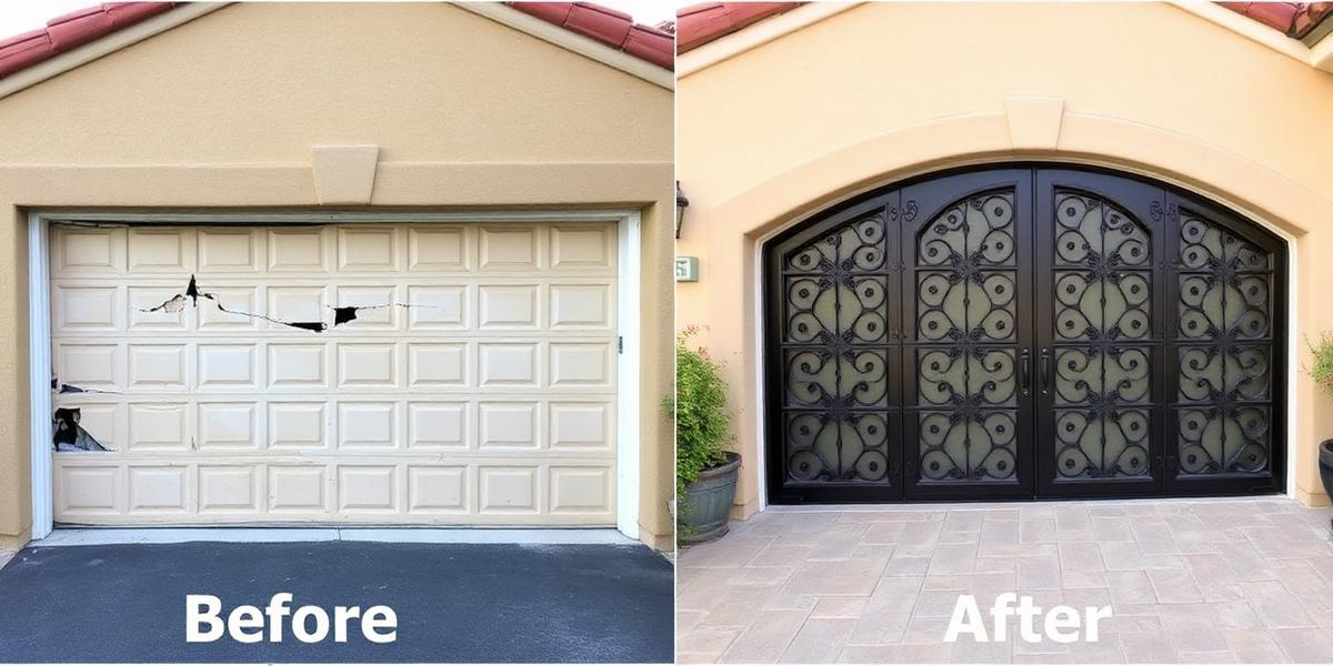 Before and after garage door transformation - Spanish colonial style with decorative iron grilles